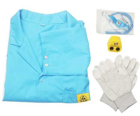 guantes, ropa y manilla antiestática