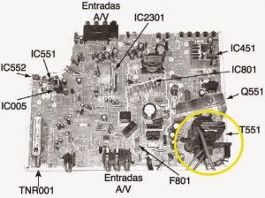 Placa del televisor Panasonic de 29 pulgadas mostando el flyback (FBT) circulado en amarillo Placa del televisor Panasonic de 29 pulgadas mostando el flyback (FBT) circulado en amarillo
