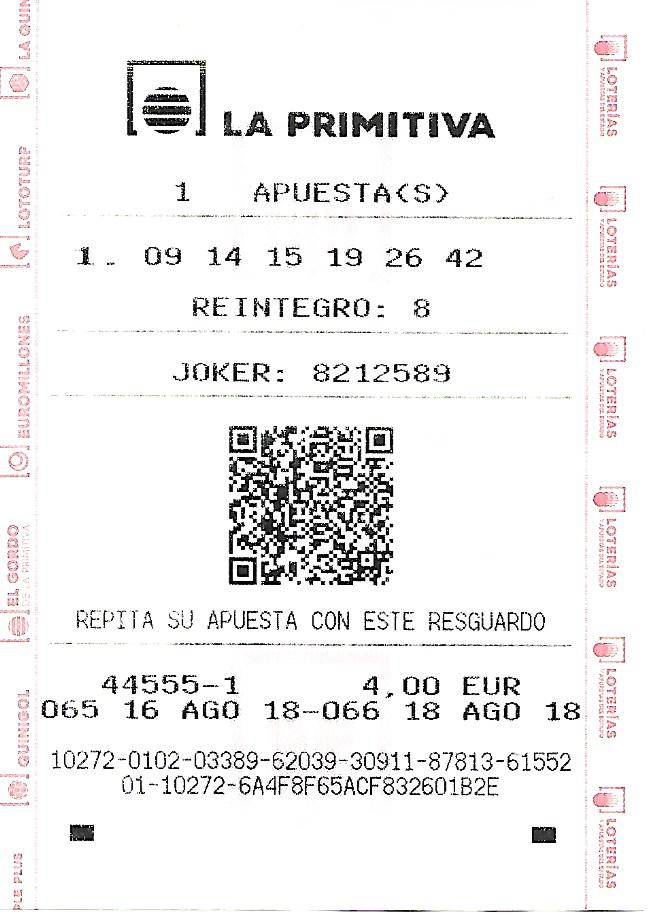 ticket de resguardo de La Primitiva
