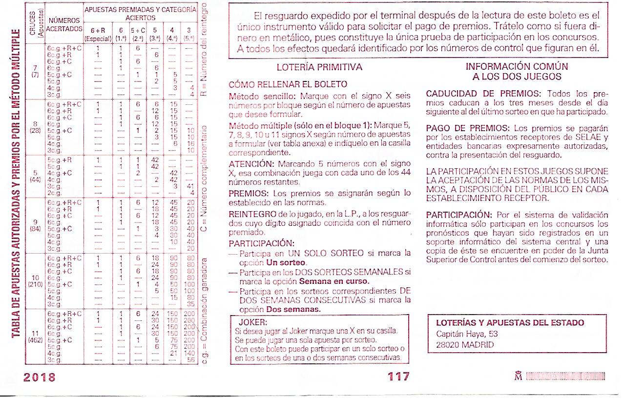 cara posterior del modelo para jugar La Primitiva