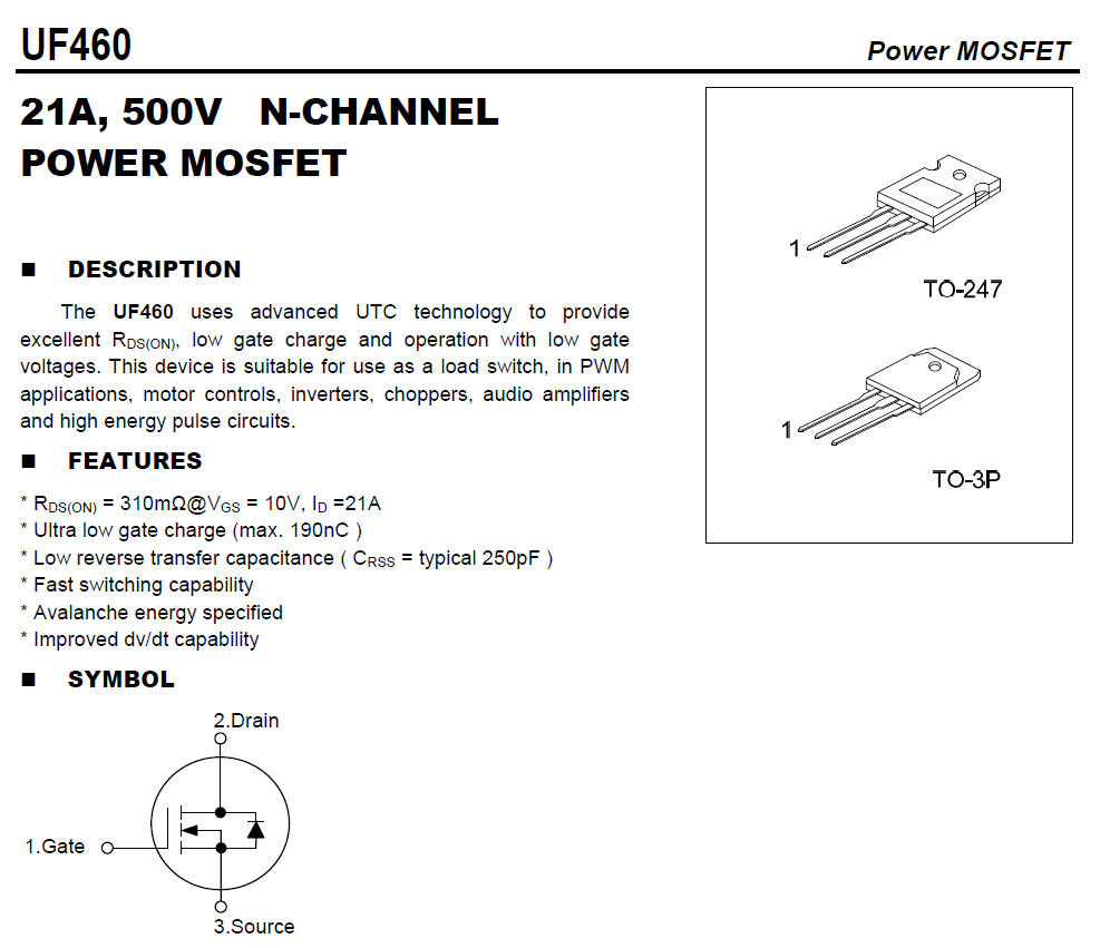 Datos del mosfet de potencia que se cambió por el original para dar solución a la falla del pitido largo en el inversor. 