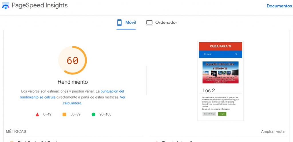 Bajada del rendimiento con otro servicio de alojamiento web para la misma página