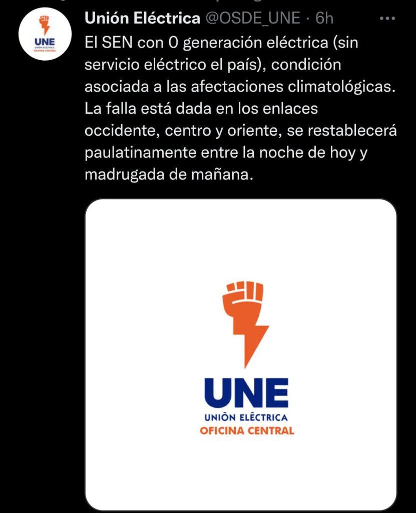 Cuba sin corriente en el pais entero por el huracan Ian