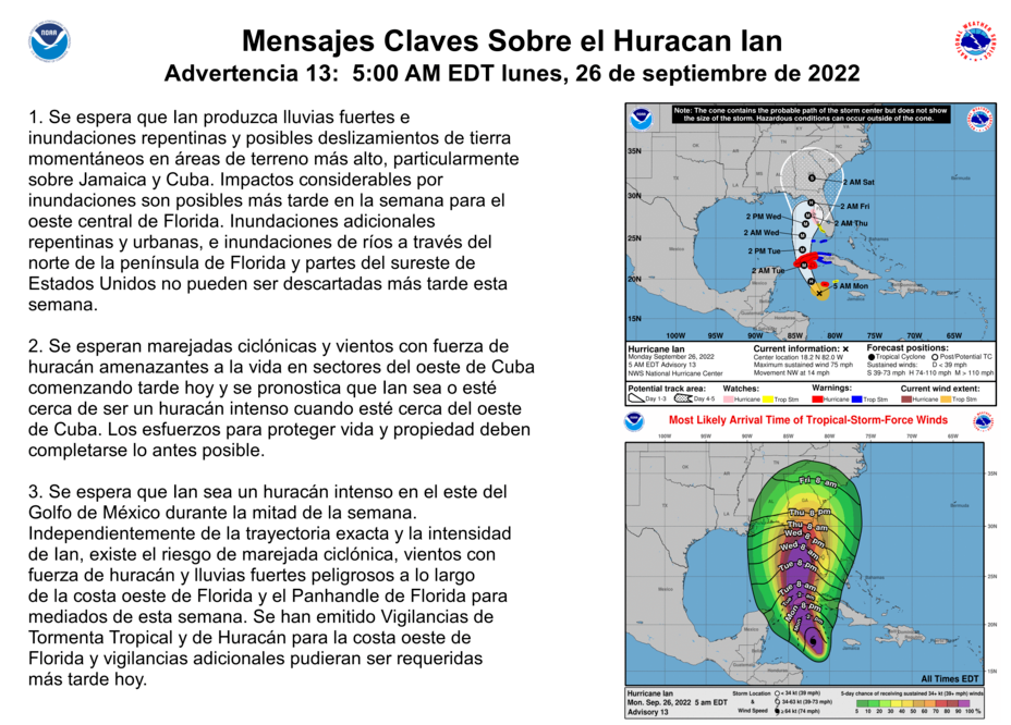 actualización huracán Ian 26 de septiembre 2022