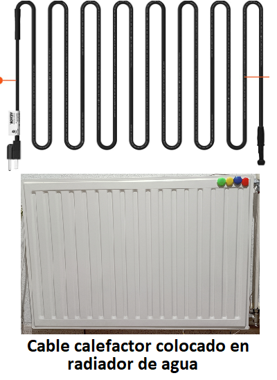 Cable calefactor instalado en radiador de agua para convertir el radiador de gas a eléctrico.