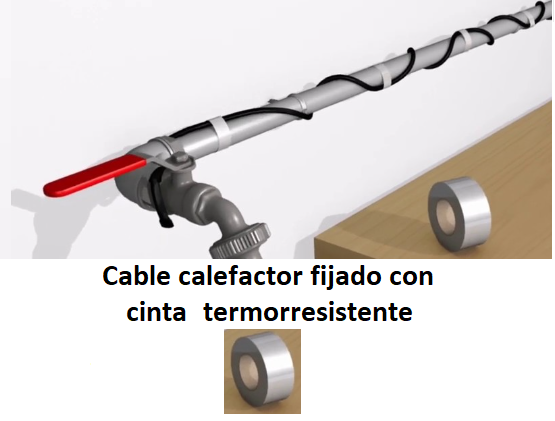 fijar cable calefactor a tuberías con cinta termorresistente.
