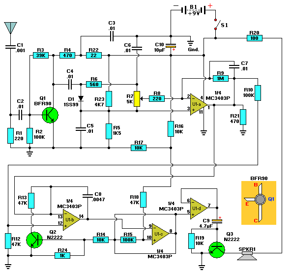 esquema eléctrico o diagrama del detector de micrófonos ocultos