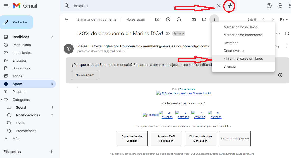 creando filtros para el correo no deseado en el gestor de Gmail