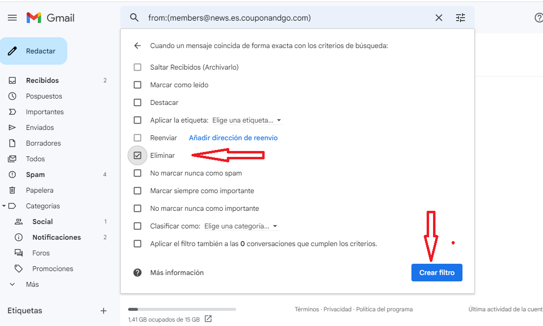 seleccionando eliminar correo no deseado para que sea enviado directamente a la papelera.
