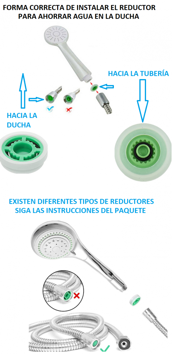 forma correcta de instalar el reductor para ahorrar agua en la ducha. Puede seleccionar el reductor para su ducha según convenga a su tipo y medidas.