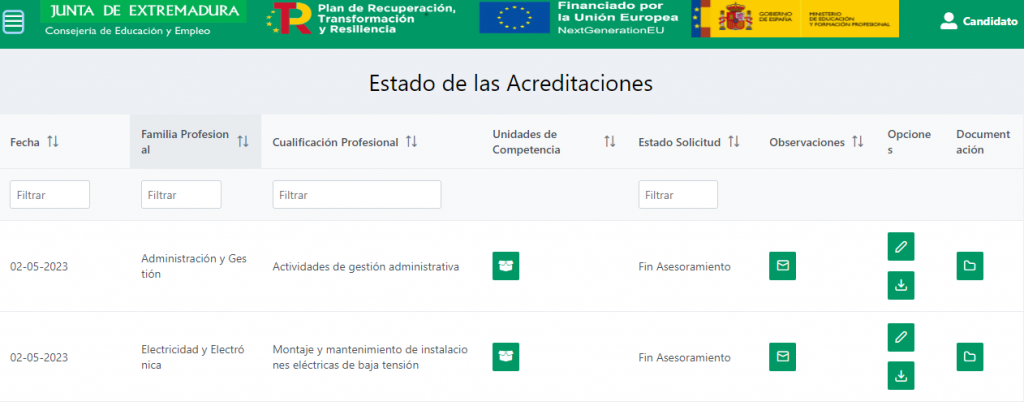 Sitio de la comunidad autónoma de extremadura para el proceso de cualificaciones. Está abierto todo el año.