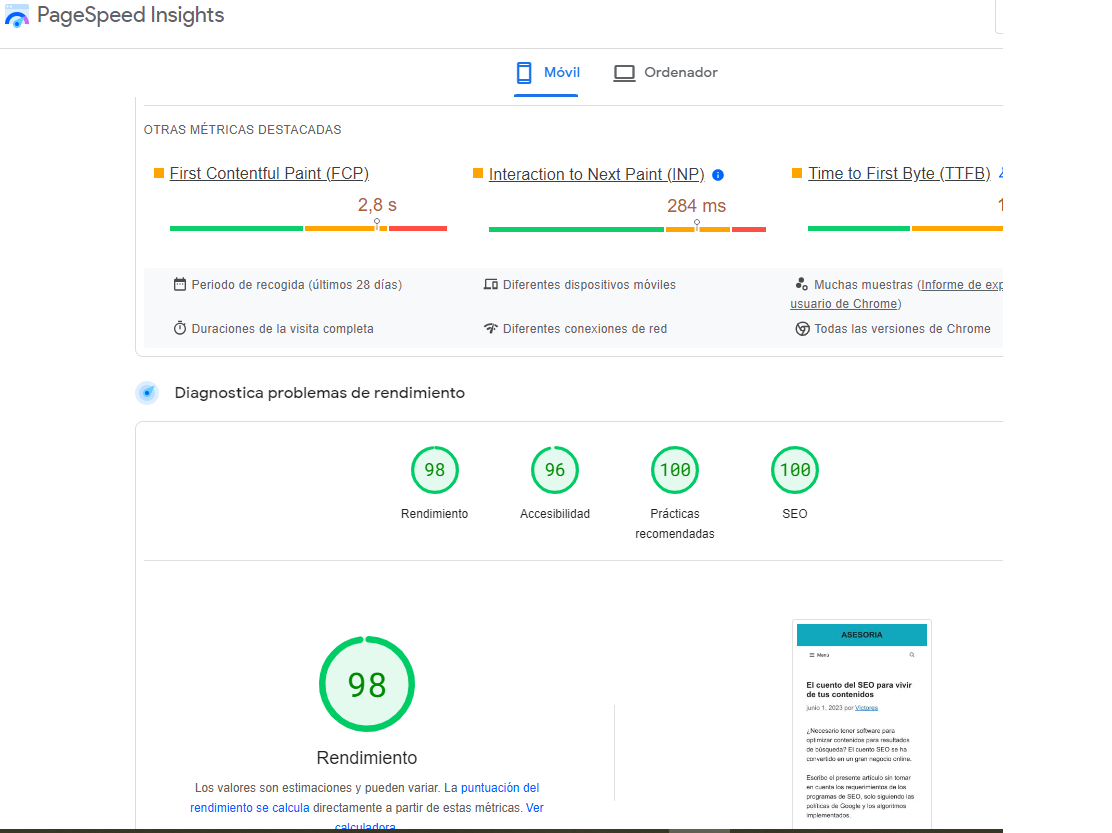 resultados del análisis en PageSpeed Insights
